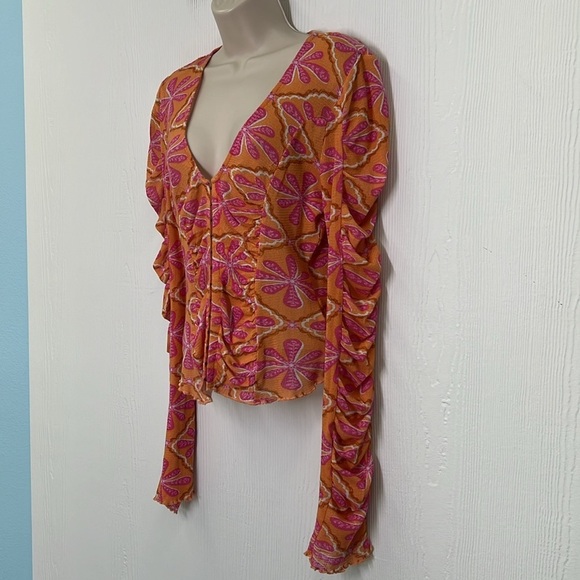 Free People - Through The Meadow Grapefruit Floral Hook And Eye Closure Blouse M - Picture 7 of 13